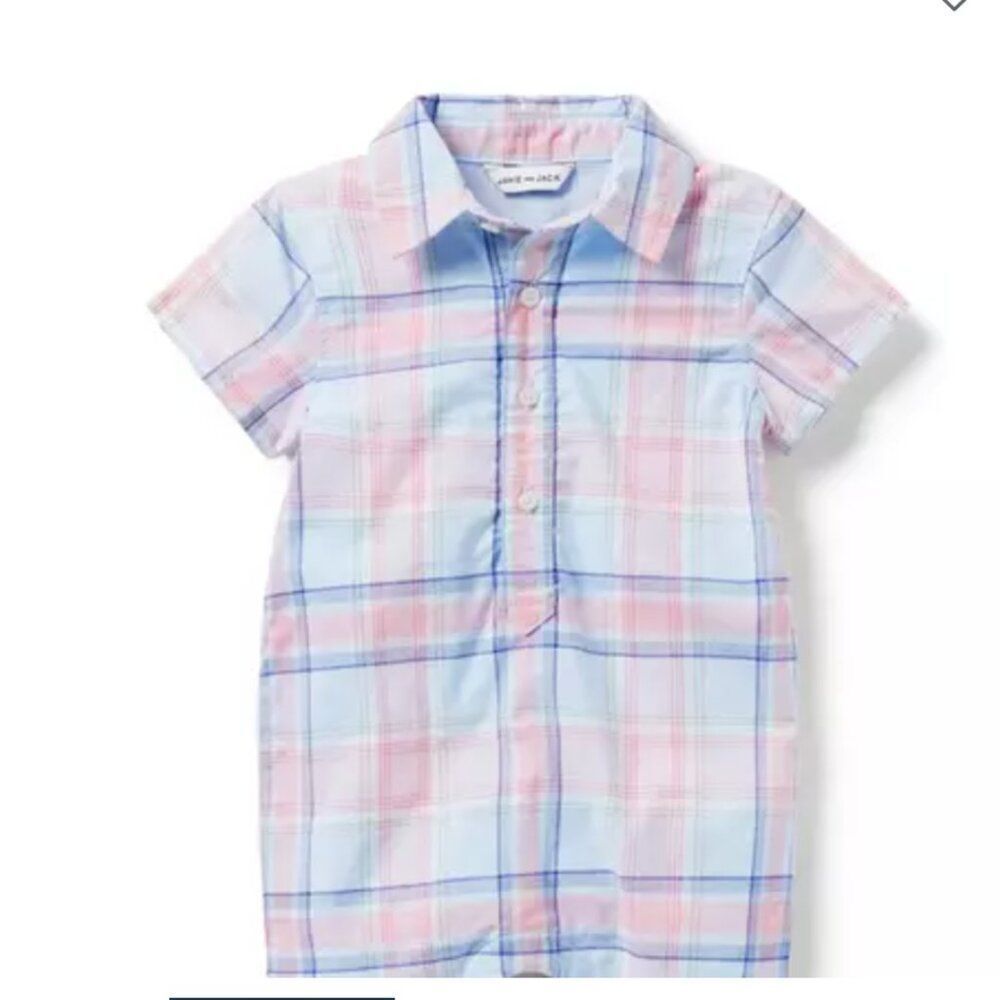 Janie and Jack 100048596 Baby Beau Blue Plaid Baby Madras Plaid Romper size 0-3